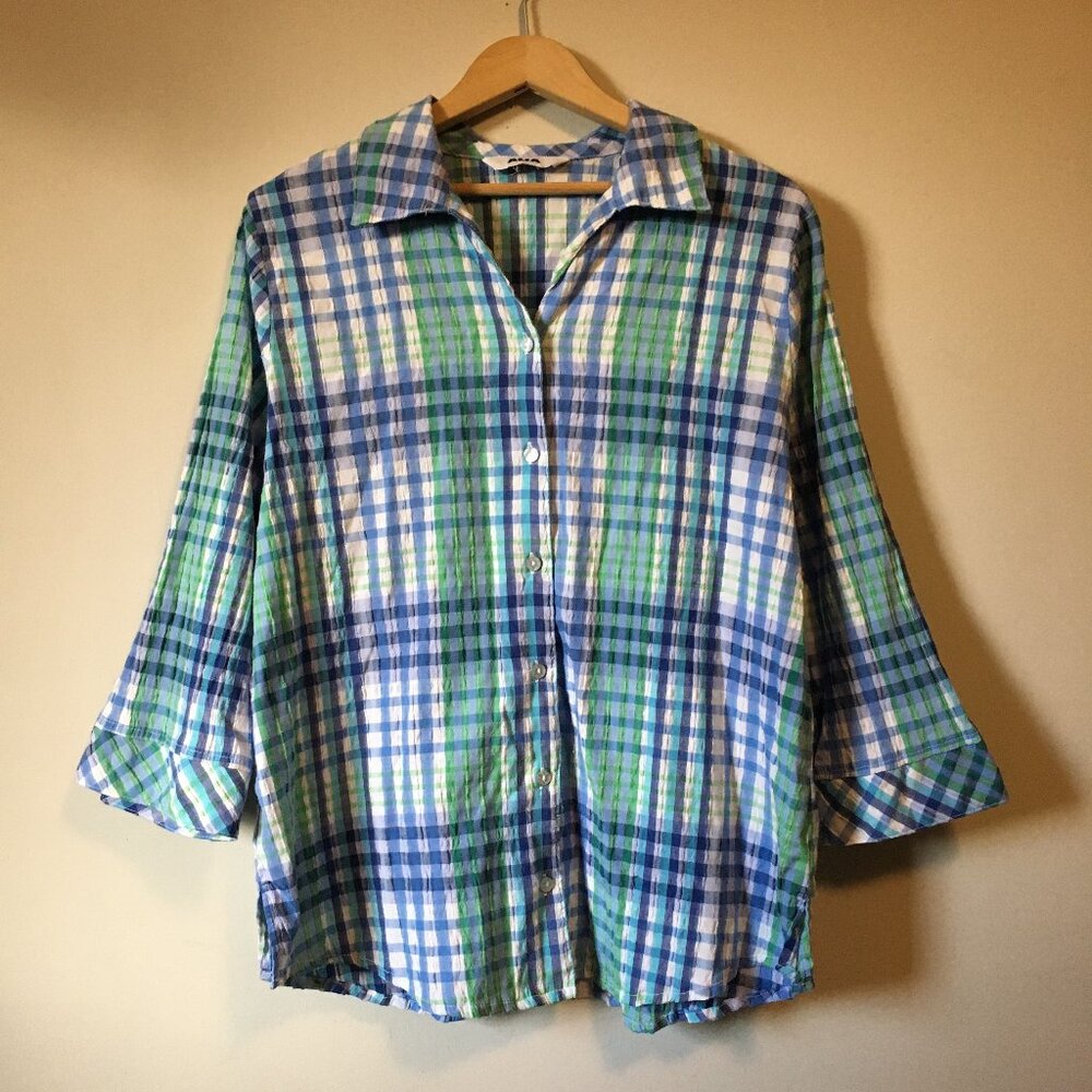 Vintage Alia Plaid Seersucker Picnic Shirt Green Blue